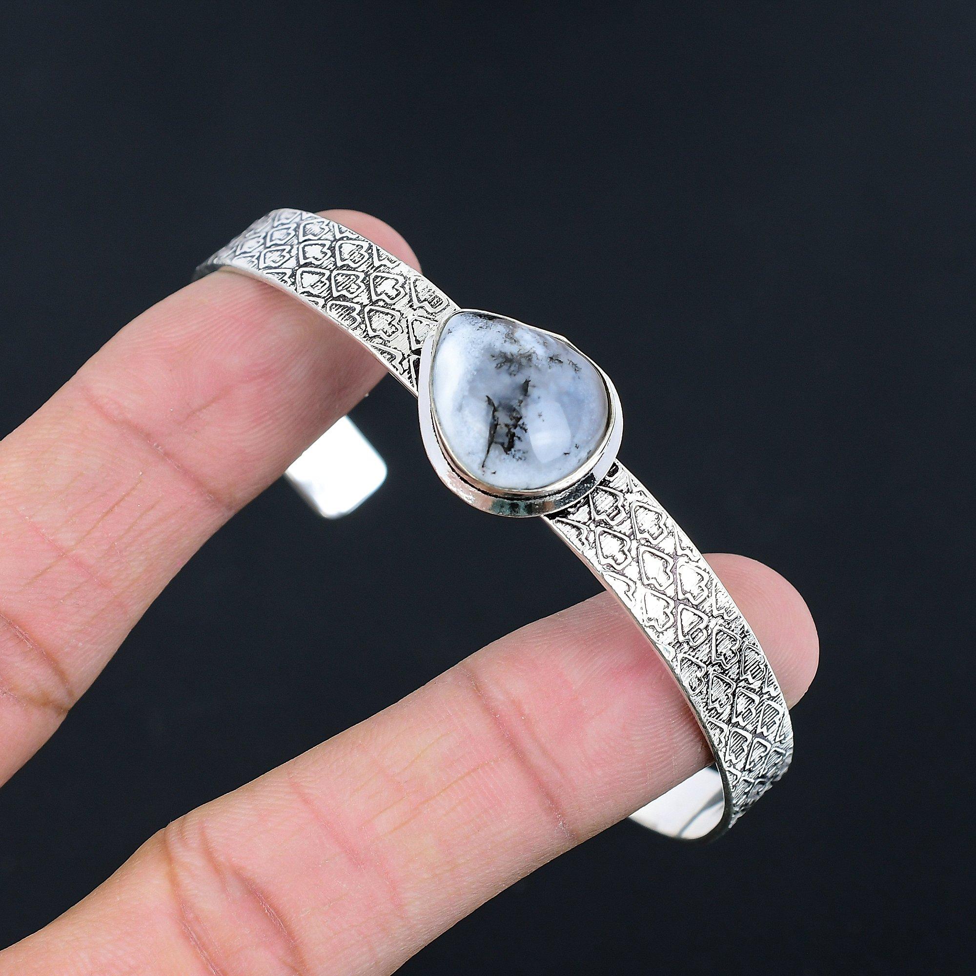 

925 Sterling Silver Dendrite Opal Gemstone Mother Trendy New Bangle Bracelet Adjustable