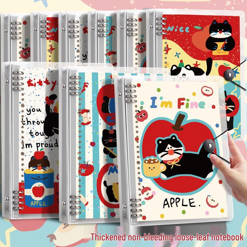 A5 Loose-Leaf Notebook: Hand-Friendly, Detachable, High-Value, Thickened Student Notebook with Cute Apple-Cat Design.