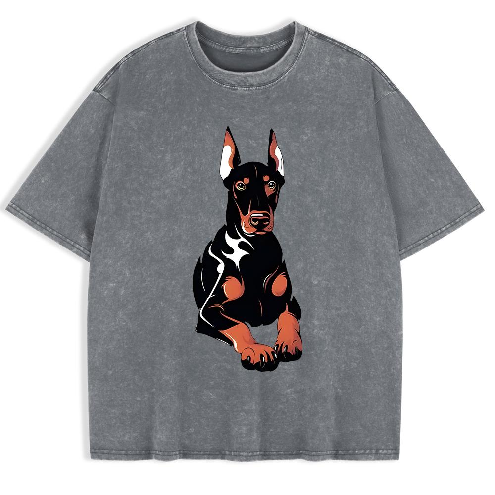 Doberman Dog Printing Washed T-Shirts Mens Cotton Short Sleeve Tops Summer O-Neck Oversized T Shirts Basic Clothes