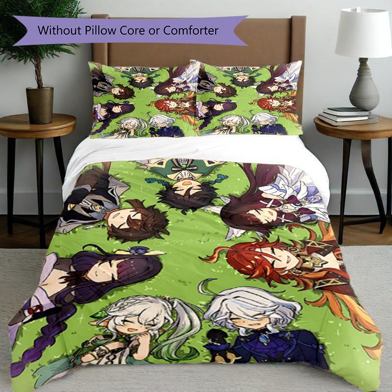 Set copripiumino 3 pezzi (1*Copripiumino + 2*Federe, Senza Nucleo), Set Biancheria da Letto con Stampa Genshin Impact, Decorazione per Camera da Letto, Stagione Unica, Regalo di Compleanno