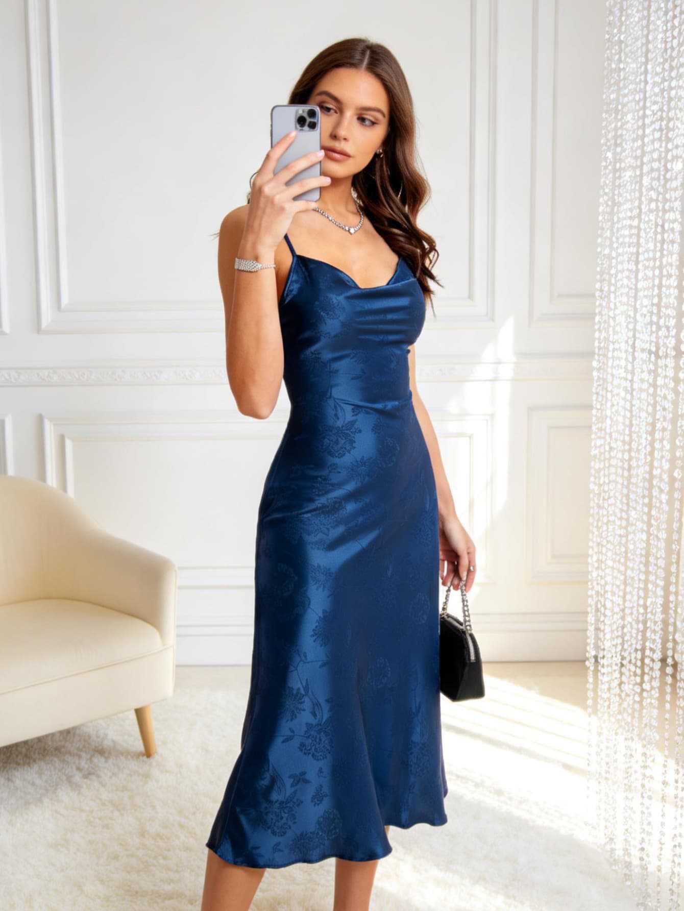 navy blue jacquard satin suspender dress, European and American women s clothing is in stock. XS синий