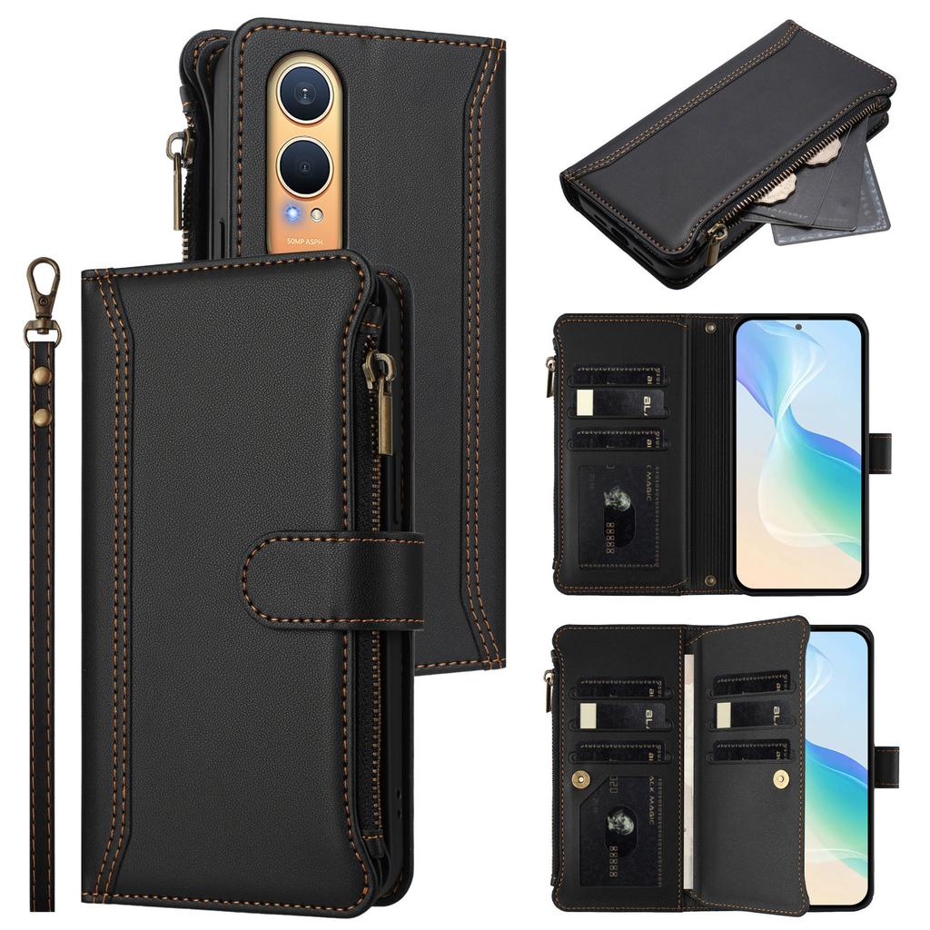 For Oppo K12x 5G (China)/OnePlus Nord CE4 Lite 5G Leather Case 9 Card Slots Zipper Wallet Stand Phone Cover with Wrist Strap