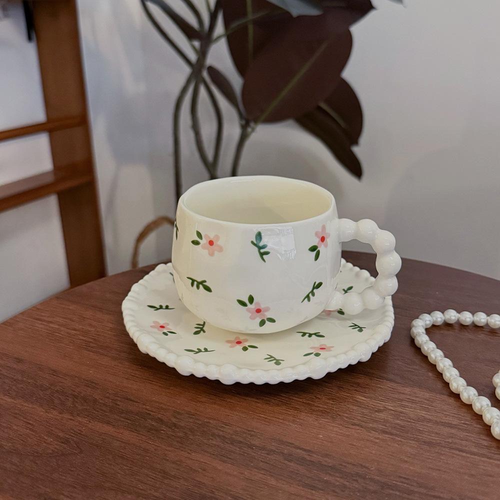 Cute Floral/Heart/Bow Tie Ceramic Cup Saucer Set Beaded Handle Scalloped Edge Coffee Milk Cup Home Kitchen Afternoon Tea Cups