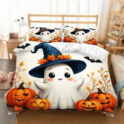 Niedliches Halloween Geist Kürbis 3D-Druck Bettwäscheset Bequemes Bettbezug-Set King Queen Einzelgröße Geburtstagsgeschenk Schlafzimmerdeko