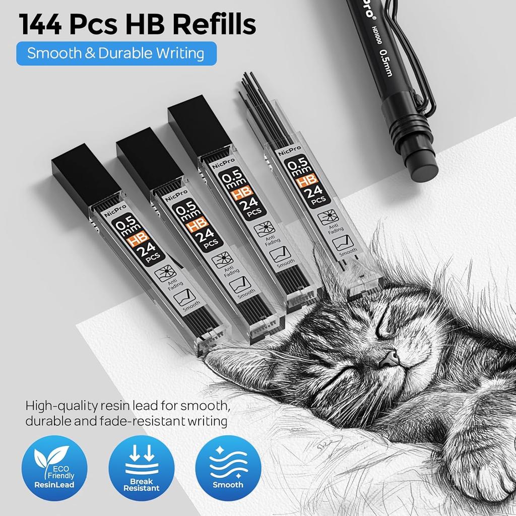 Nicpro HD1000 0.5 mm Art Mechanical Pencil Set in Case, 3 PCS Weatherproof Mechanical Pencils with 6 Tube HB Refills, Eraser, Weatherproof Barrel for