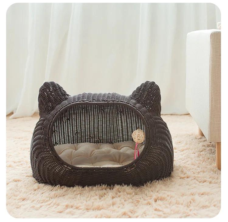 

Washable Rattan Knitted Cat Nest Hand Woven Semi-Closed Kennel All Seasons Universal Pet Bed Cat Cage S чёрный