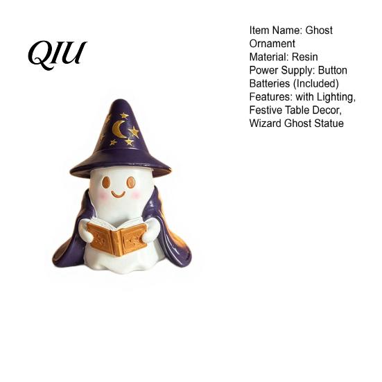 Desktop Halloween Ornament Lighted Ghost Figurine, Resin Wizard Statue with LED Light, Cute Holiday Figurine Reading Book Night Light for Home