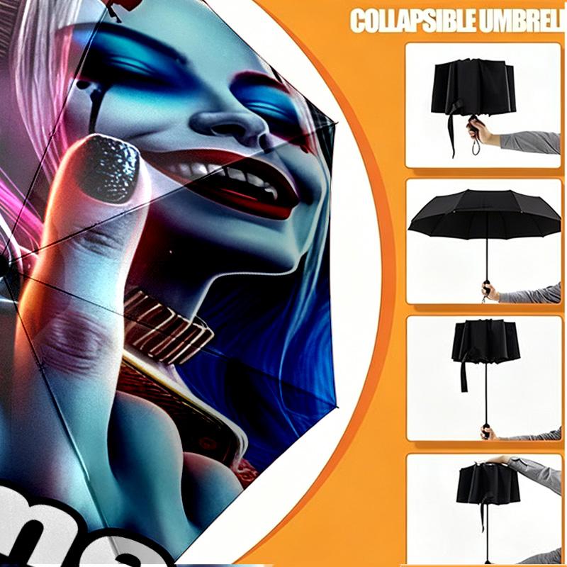 Custom Name Personalized Harley Quinn Joker Print Umbrella, Auto Open Close, 8‑Rib Sturdy Frame, Commute Camping Hiking Use, Birthday Gift