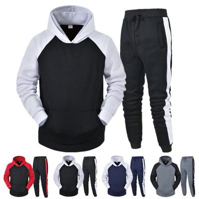 2Pcs/Set Raglan Long Sleeve Drawstring Elastic Waistband Mid-rise Sportswear Set Men Autumn Patchwork Color Pockets Hooded Sweatshirt Pants Set