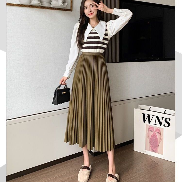 High Waist Long Women Skirt A Line Elastic Pleated Calf Length Solid Simply Classic Female Bottom Thin Summer Y2k Skirt