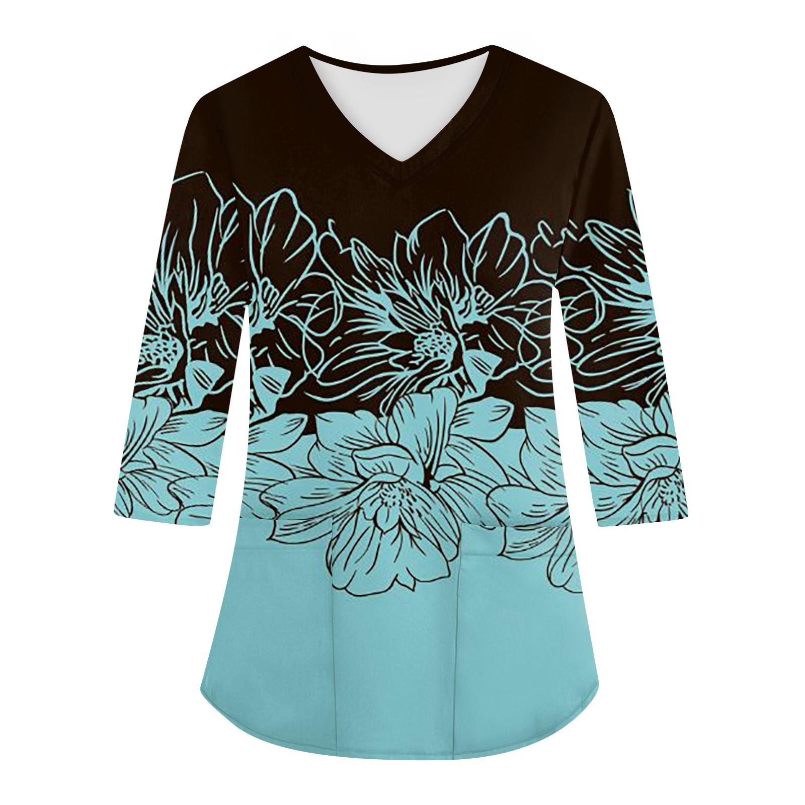 

Модная женская рабочая одежда с v-образным вырезом и рукавами 3/4, свободные топы с карманами и принтом XXXXL синий