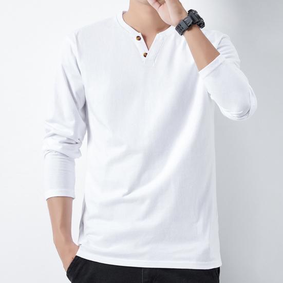 Men Fall Spring Top Buttoned V Neck Long Sleeves Pure Color Loose Pullover T-shirt Daily Wear Sport Homewear Clothes
