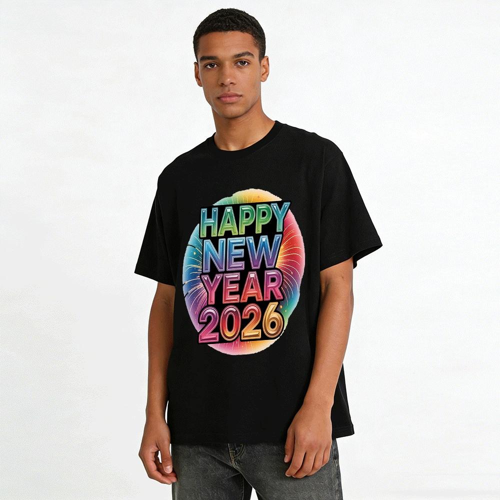 2026 Happy New Year Firework Print Casual Unisex Top Pure Cotton T-shirt