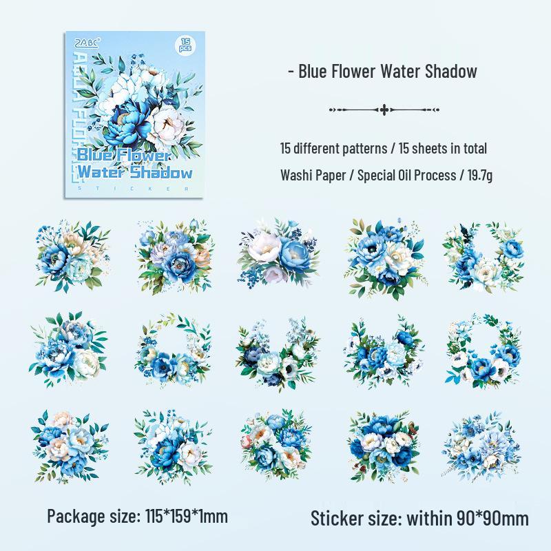 ZABC Watercolor Flower Rhyme Series Oil Stickers - 15 Sheets, 6 Styles, Large Size, Cross-Border.