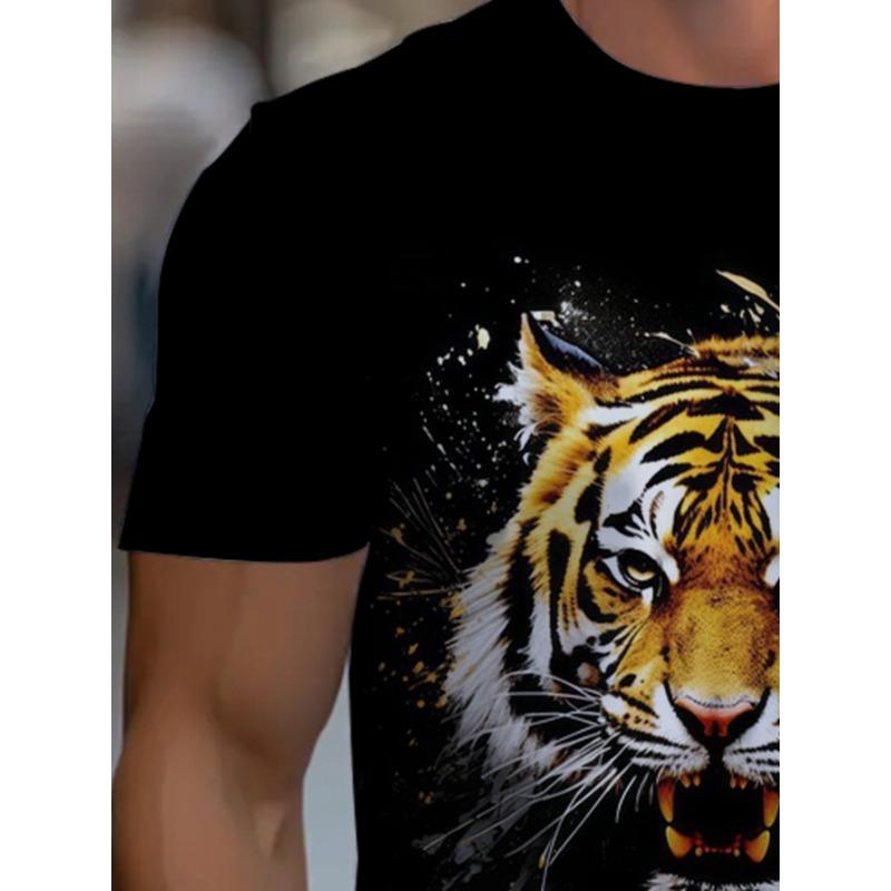 Roaring Tiger Head 3D Graphic Tee Men's Fashion Black Short Sleeve T-Shirt Casual Crew Neck Creative Ink Paint Art Style Summer Streetwear Clothes Top