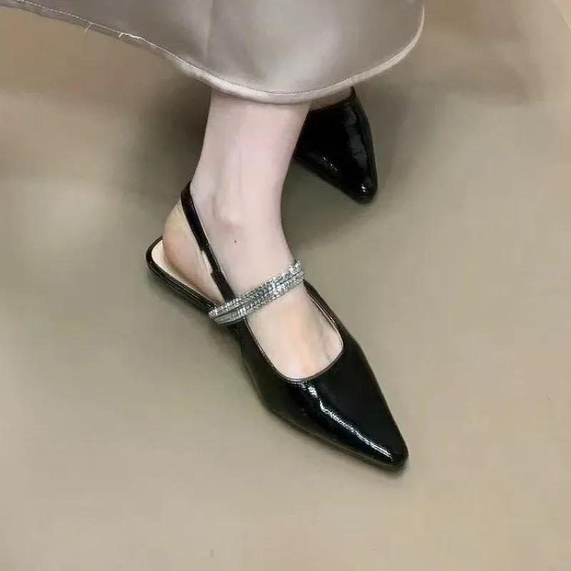 Fashion Baotou Sandals Summer New Pointed Toe Shallow Mouth Rhinestone Slip Belt Soft Sole Non-slip Low Heel Shoes