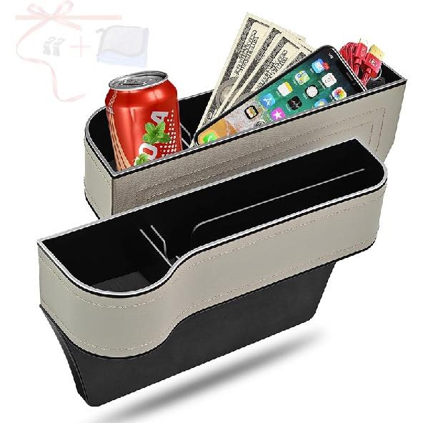 Car Seat Gap Filler Organizer, 2 Pack Multifunctional Car Seat Organizer, Auto Console Side Storage Box with Cup Holders 2 Seat Hooks for Drink, Car