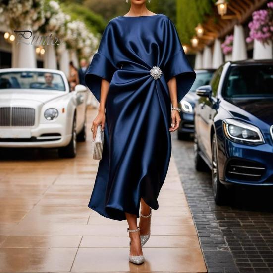 Alltags lässiges Kleid Damen Satin Fledermausärmel Maxikleid, Strassakzent Rundhals Polyester Abendparty A-Linie Formell Hochzeitsgast