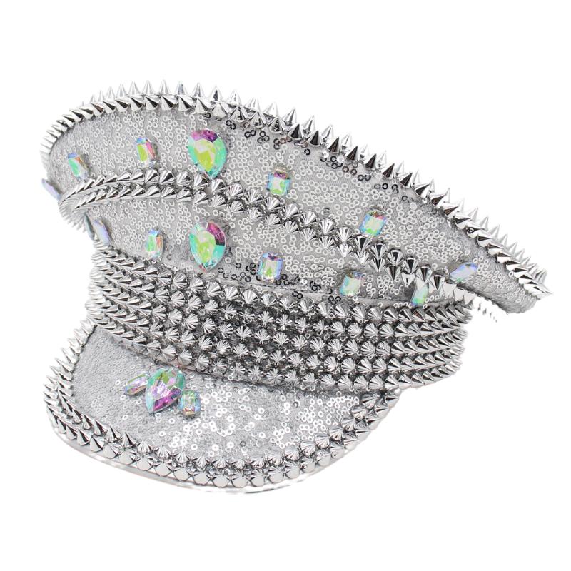 

Белая свадебная шляпа для выступлений, роскошная шляпа с заклепками и стразами, шляпа матроса-капитана, королевская вечерние шляпа с блестками, шляпа сержанта невесты 56-58cm