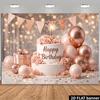 2D Women's Rose Gold Birthday Backdrop, Elegant Pink Cake & Glitter Photography Background