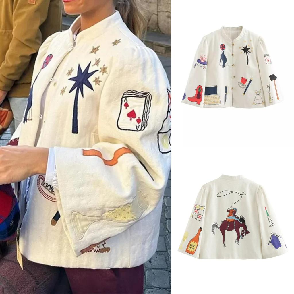 2024 våren vintage trykt kåpe for kvinner Uformelt stativ krage Single Breasted langermet jakke kvinnelig mote overfrakk