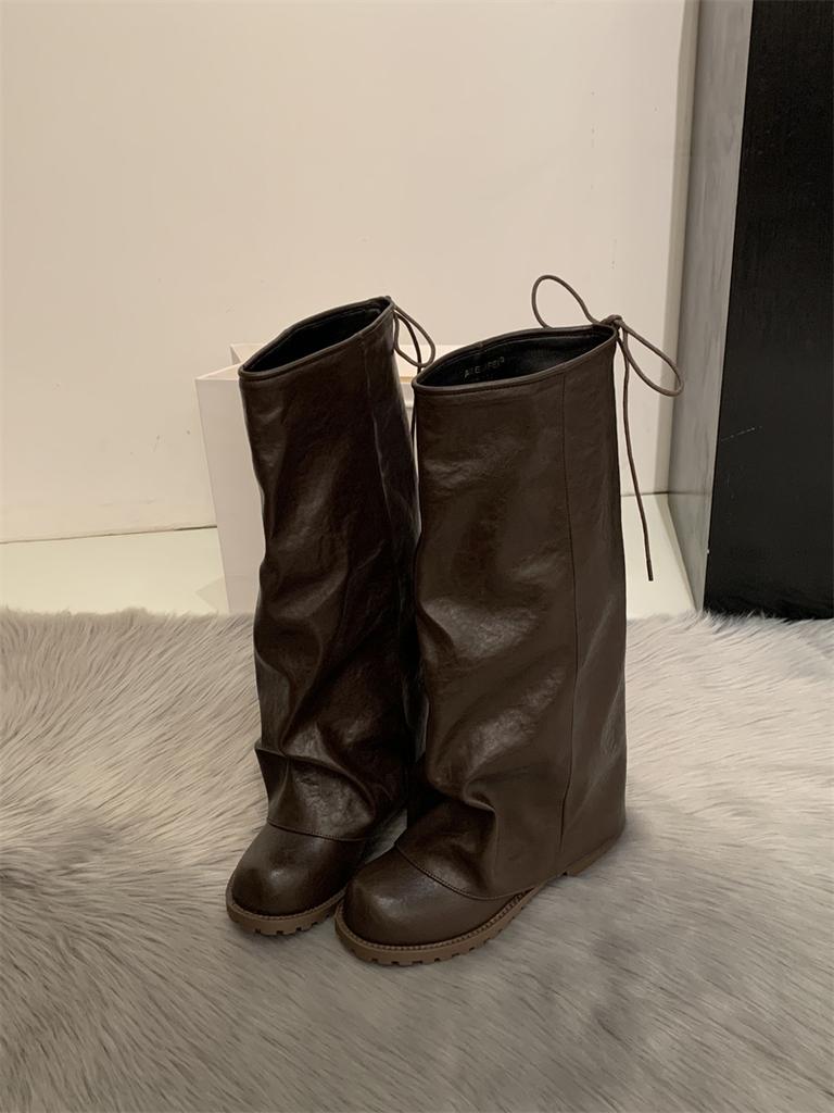 Korean version of trouser boots women's 2025 autumn and winter new Maillard retro pleated knight boots stacked boots