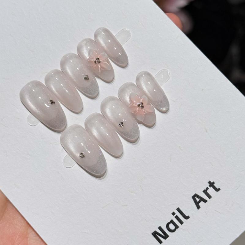 10Pcs Pink Cat Eye Press on Nails - 3D Flower & Rhinestone Almond Fake Nails XS