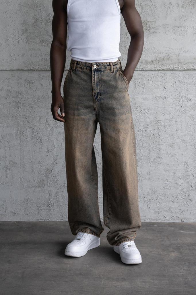 Męskie Spodnie Jeansowe Basic Balloon Fit Baggy - Brązowo Niebieski