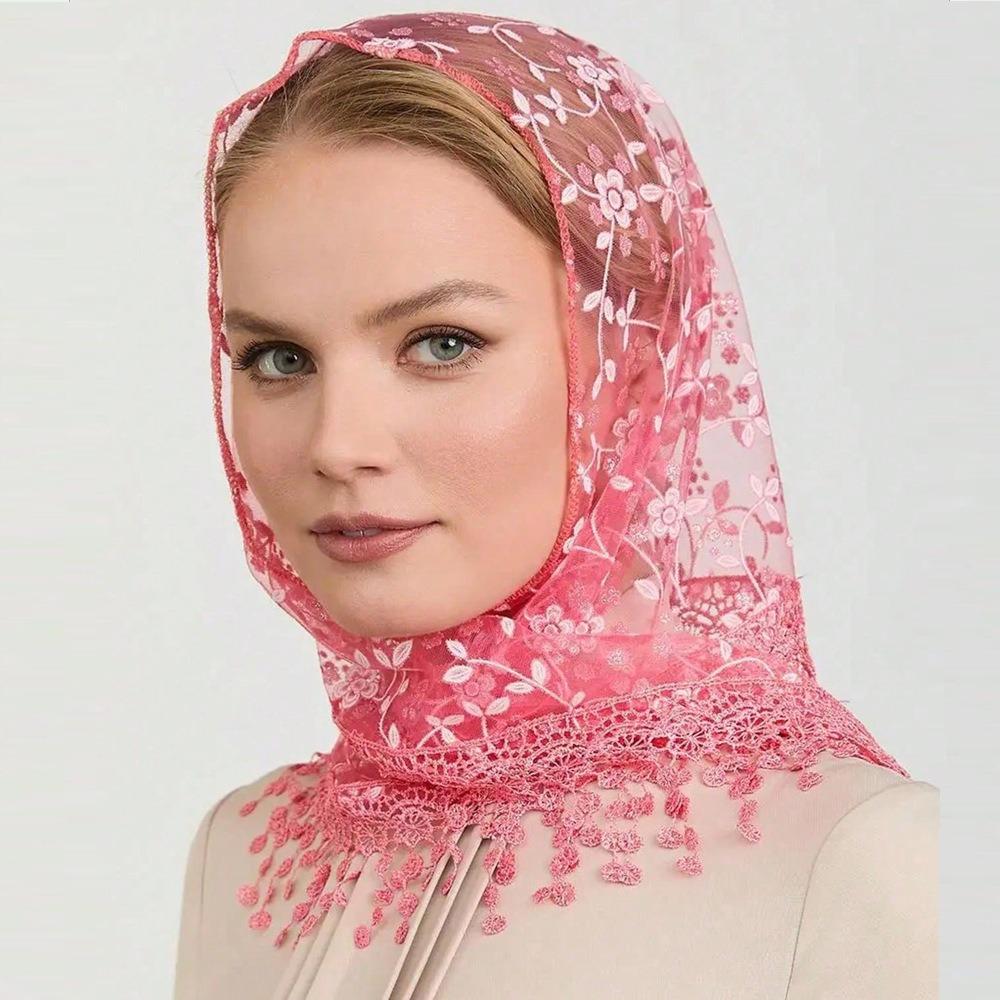 Embroidered Veil Headband Transparent Flower Tassels Scarves Elegant Lace Triangle Scarf  Women розовый