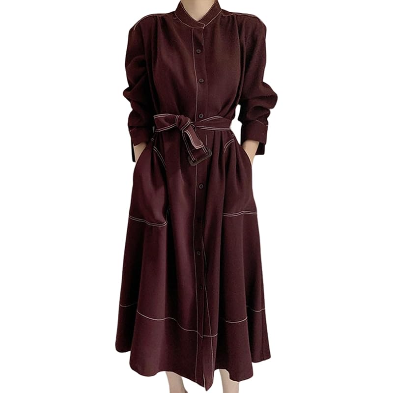 

[Niman Bai] shirt dress stitch long shirt flare Beautiful casual one piece office casual red bordeaux 5S-N04-BDXL