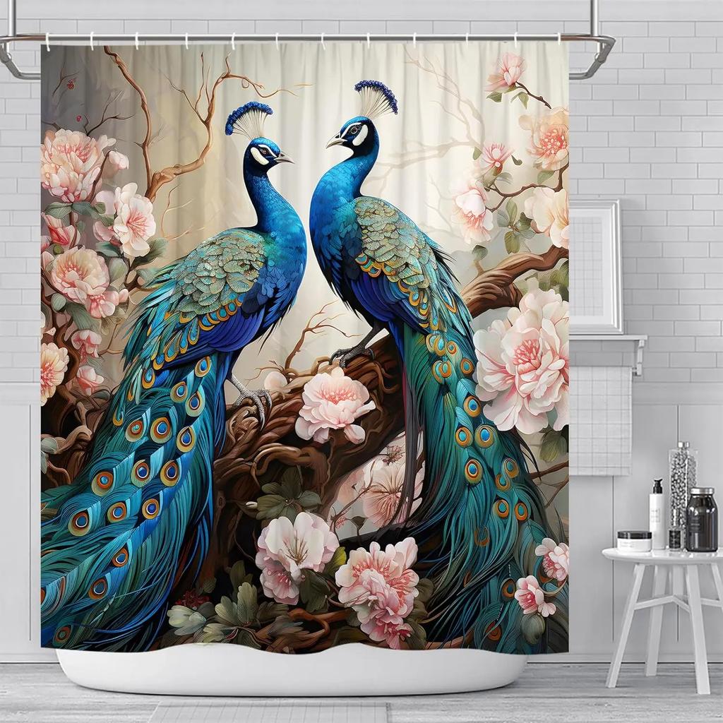 Vintage Peacock Shower Curtain Beautiful Turquoise Blue Peacock Floral Polyester Fabric Shower Curtain Bathroom Decor with Hooks