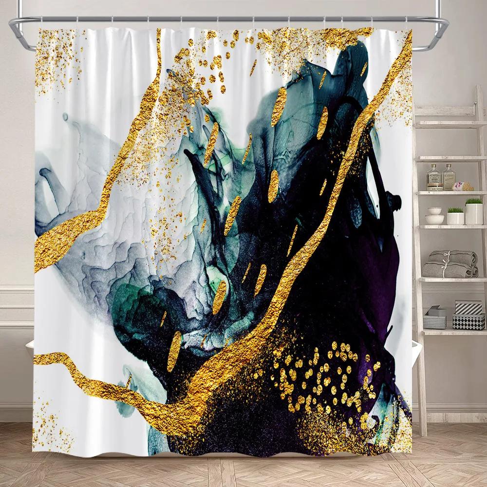 Marble Shower Curtain Set Creative Watercolor Ink Art Geometric Modern Bathroom Decor Floor Rug Bath Mats Toilet Lid Cover