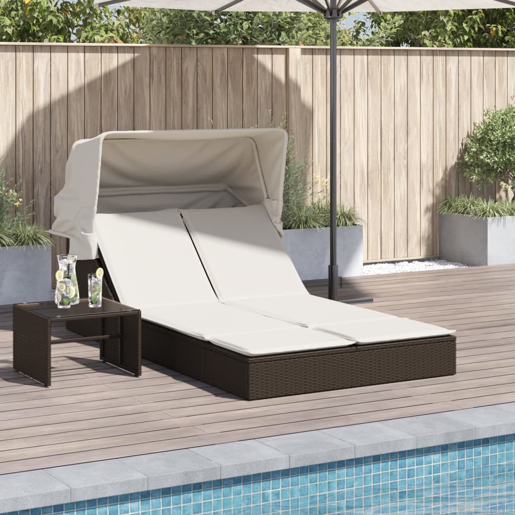 Double Sun Lounger with Canopy and Cushions Brown Poly Rattan