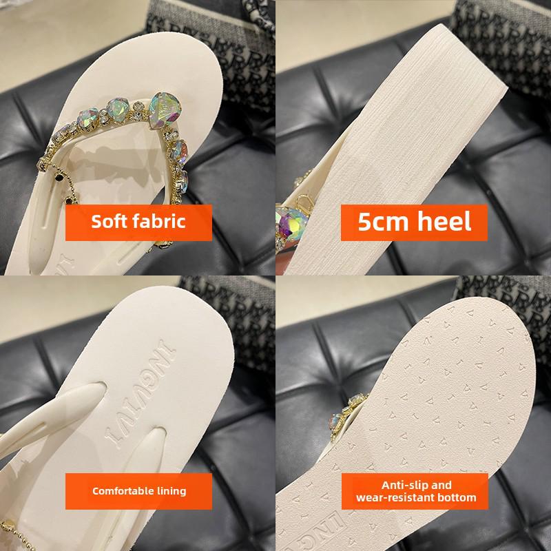 2023 Women's Summer Rhinestone Chain Flip Flops: Stylish Wedge Heel Sandals for Beach Vacations