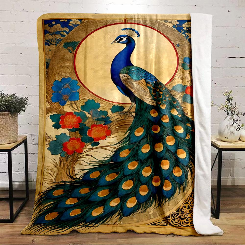 Elegant Peacock with Floral Art Flannel Blanket for Bedroom Living Room Sofa and Nap