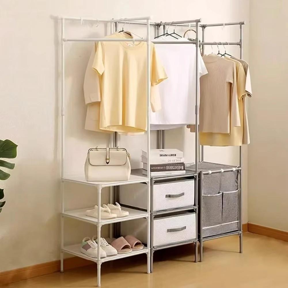 Anti-toppling Floor Standing Shelf Hanging Rod Clothes Organization Rack Shoes Shelf  Bedroom