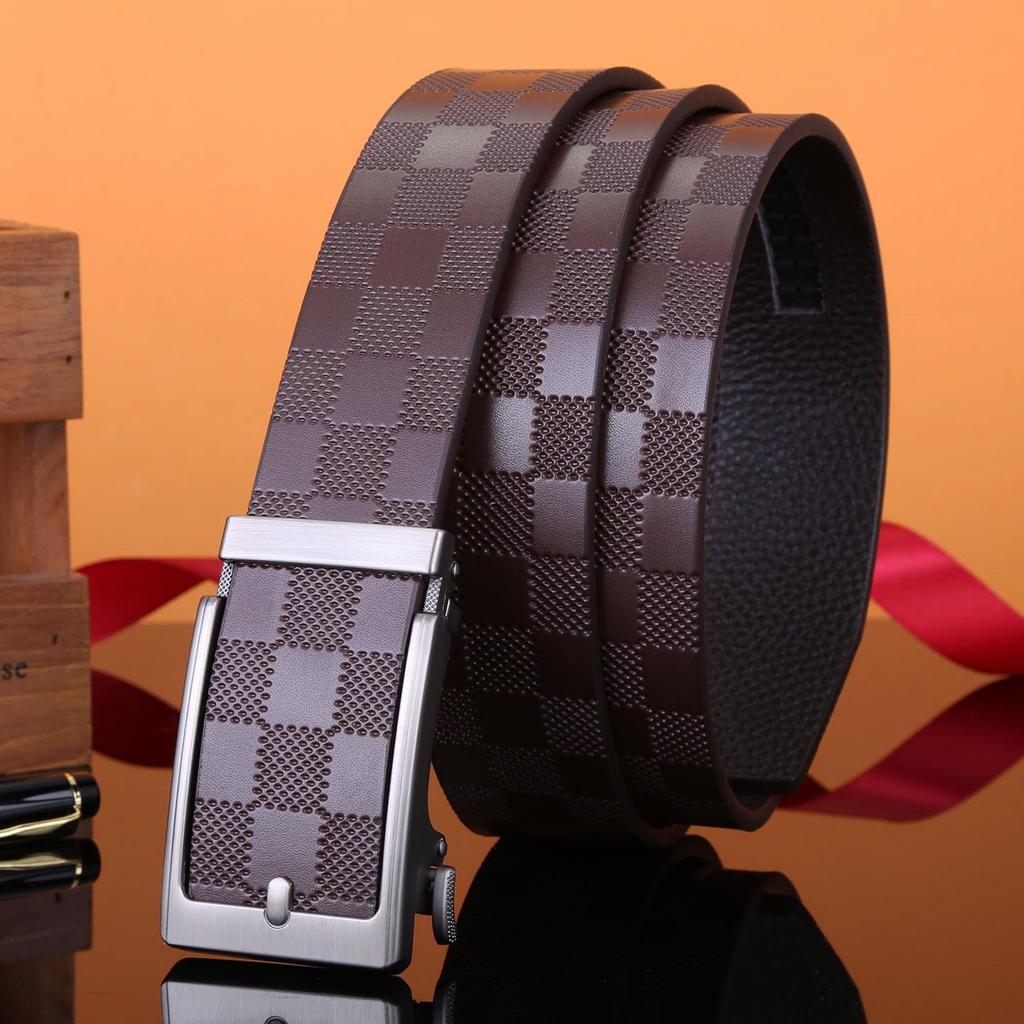 Men's Leather Belt, Genuine Leather, Automatic Buckle, Plaid Pattern