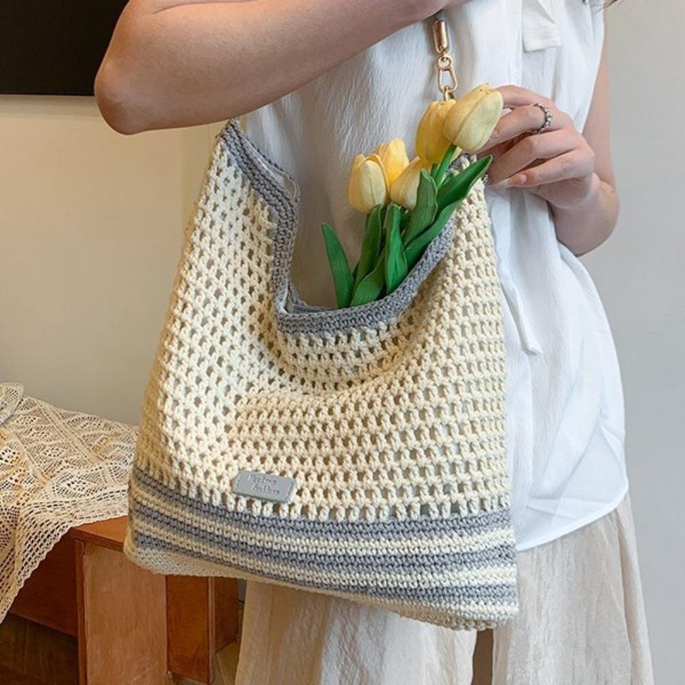 Fashion woven stripe contrast cut-out women's underarm bag spring new shopping bag shoulder crossbody bag