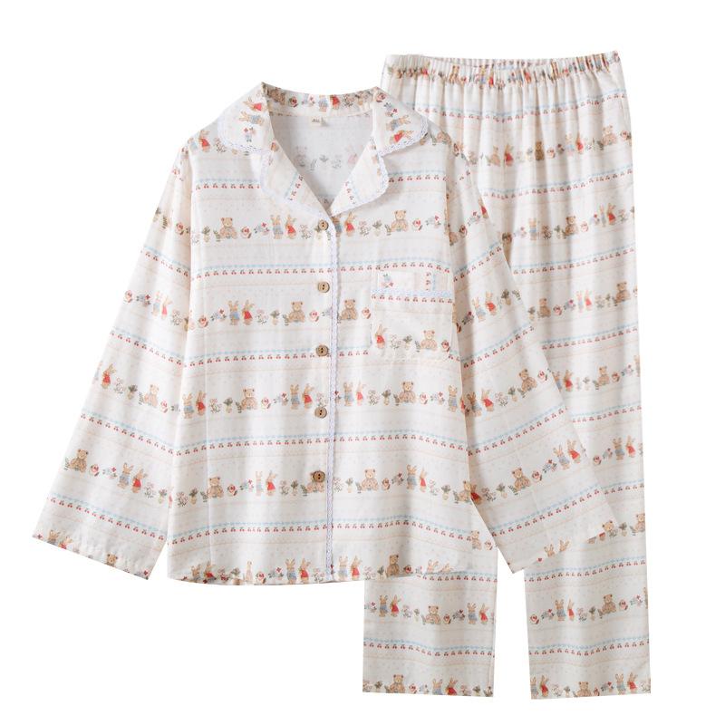Women's pajamas spring and autumn new pure cotton yarn lace lace homewear loose large size cardigan long sleeve trousers homewear