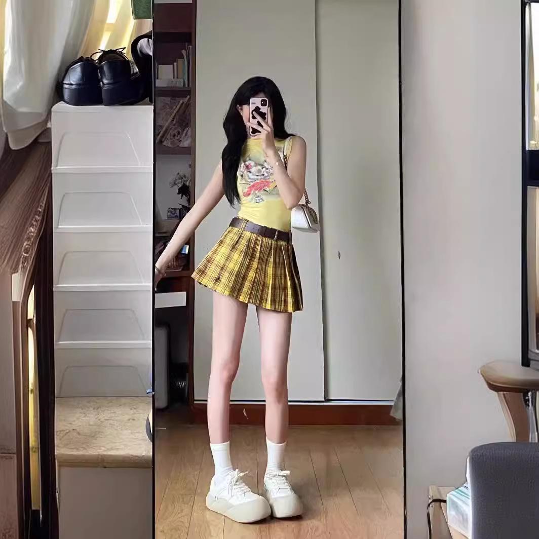 

Women s Yellow Plaid Pleated Skirt - Japanese Style, Slim Fit, Summer 2024 Niche Design XL жёлтый