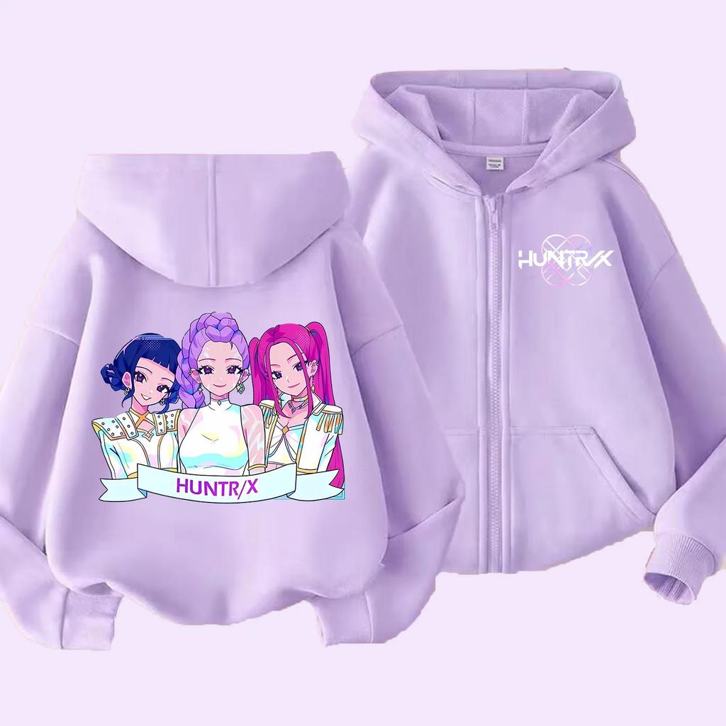 KPop Lovci démonů Mikina s kapucí na zip Kreslený dívčí kabát Módní tenké oblečení Fialová podzimní mikina Bunda Dětská anime mikina Dárek