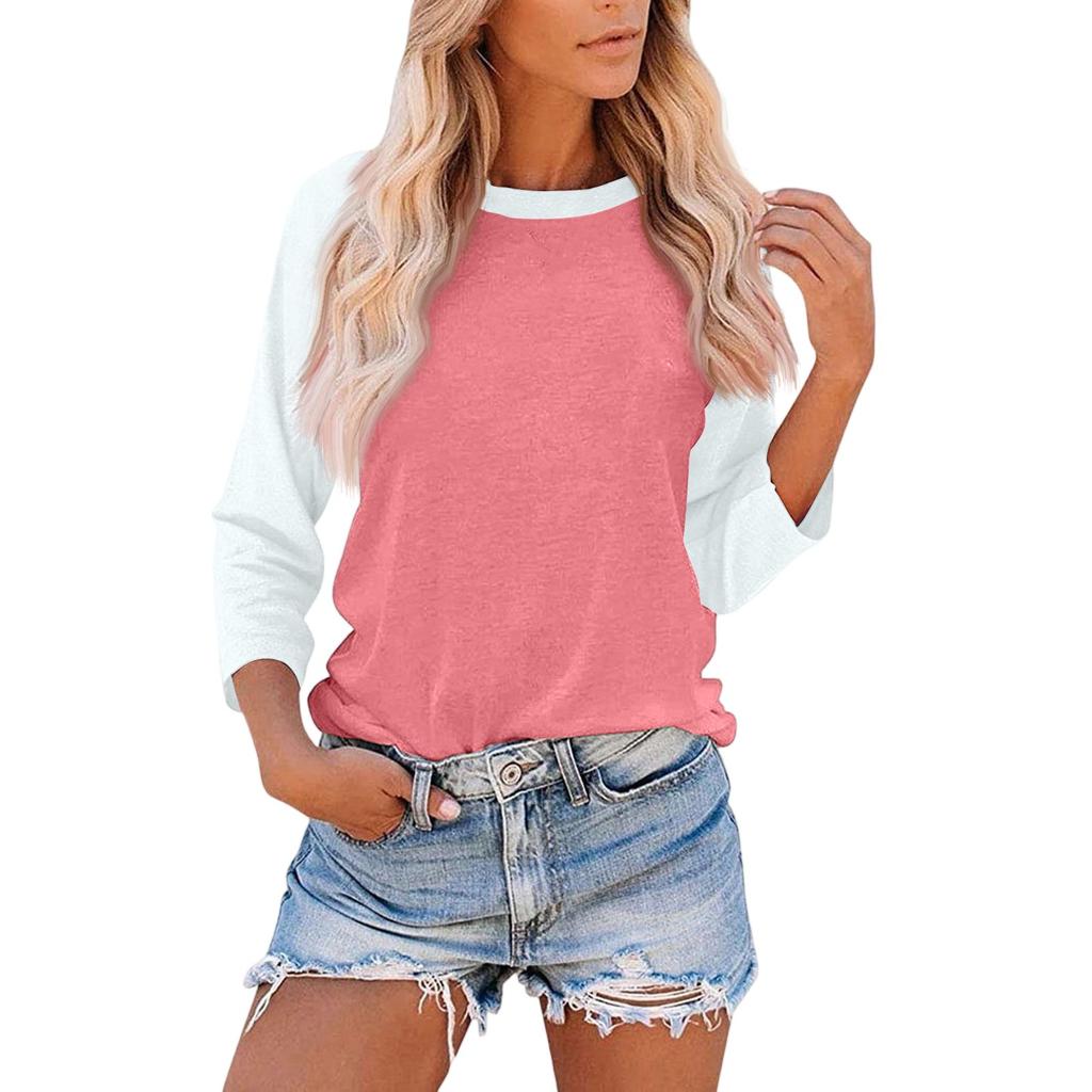 Women's Casual Fashion Loose Color Matching Three-quarter Sleeve Stitching T-shirt Top