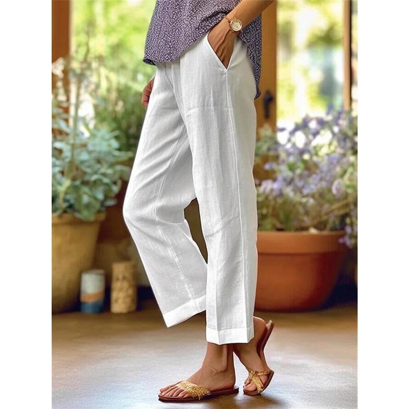 Women's Cotton And Linen Plus Size Plus Loose Solid Color Elastic Waist Pocket Straight Casual Pants
