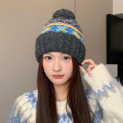 New Fair Isle Style Dime Knitted Hat Winter Outdoor Thickened Warm Ear Protection Hood with Velvet Anti Cold Hat