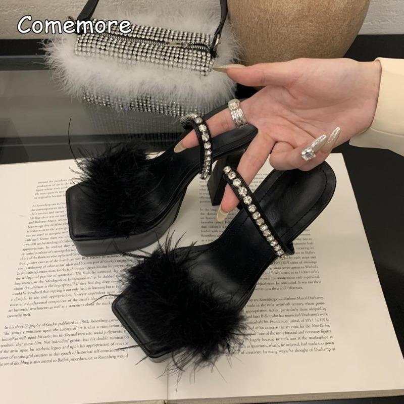 Größe 33-41 Schlupf-Sandalen Schwarz Damen 15cm Hohe Absätze für Damen Kristall-Feder-Riemen Elegante Damenschuhe Sandalias De Mujer