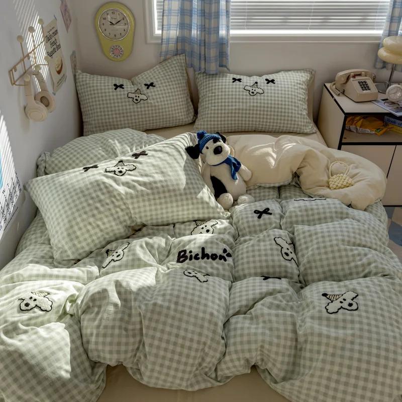 New Student Cartoon Washed Cotton Towel Embroidered Three or Four-piece Set Bed Sheet Quilt Cover Mattress Bedding