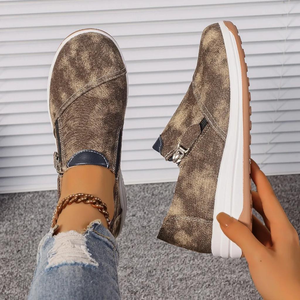 Women'S Casual Sports Shoes Spring New Round Head Deep Mouth Side Zipper Loafers Anti-Slip Wear-Resistant Low-Top Shoes