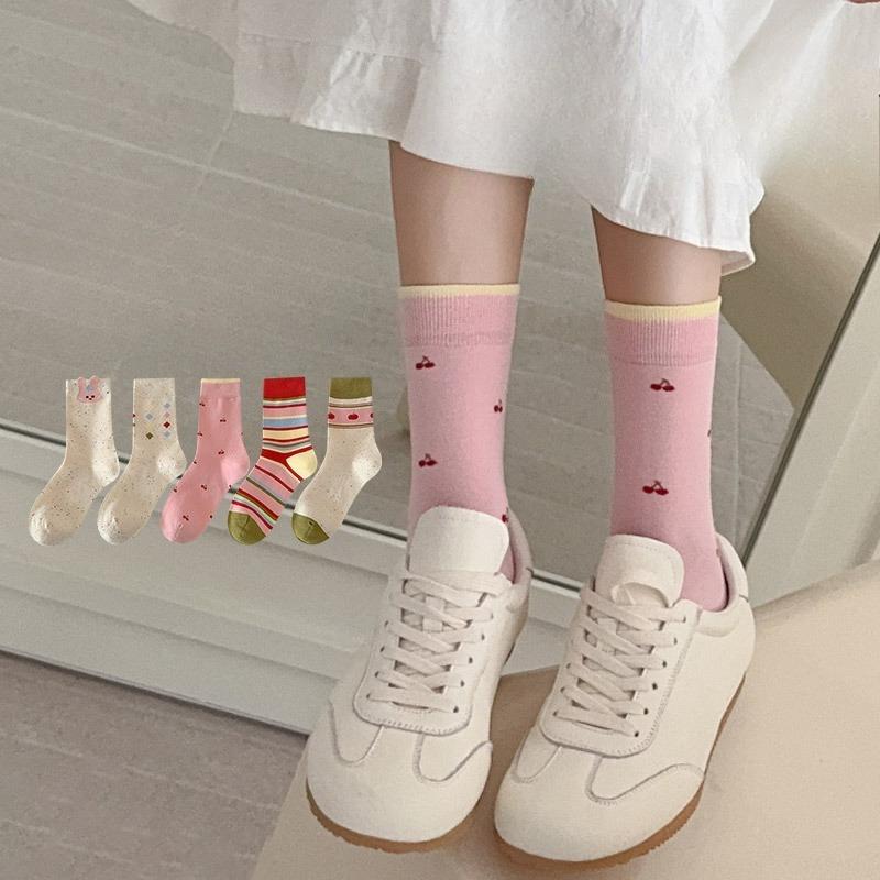 Polka Dot Yarn Boneless Socks for Women, Spring and Autumn Versatile Cartoon Mid-calf Socks, Sweat-absorbing and Odor-proof Boneless Long Socks