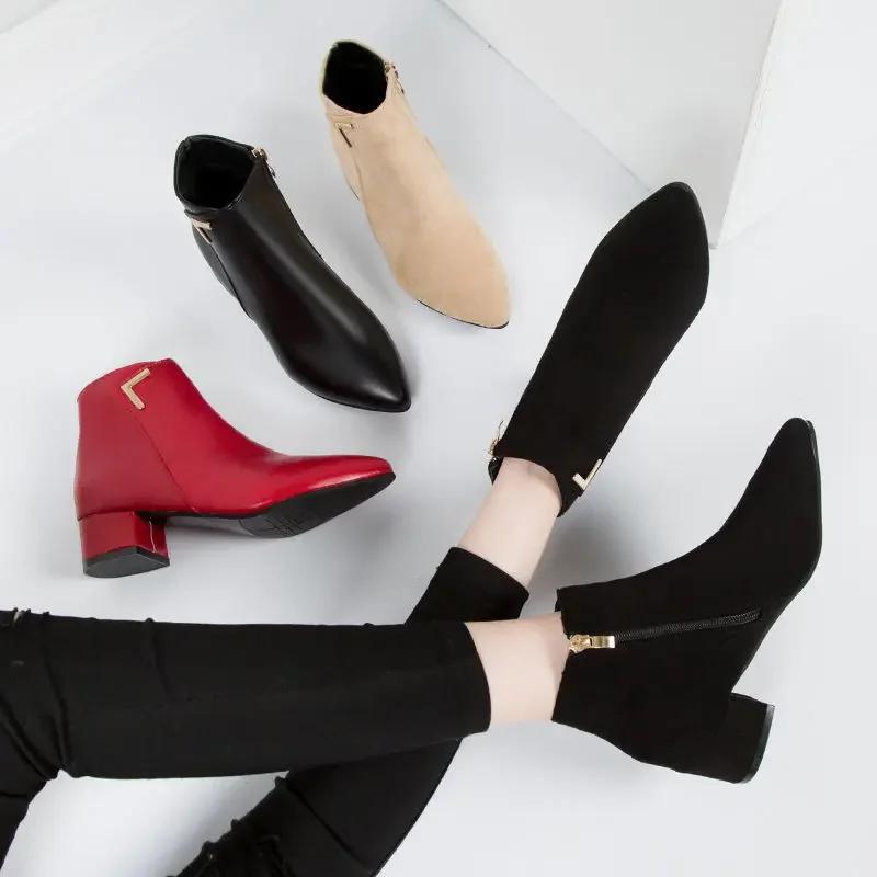 Fashion Women Boots Casual Leather Low High Heels Spring Shoes Woman Pointed Toe Rubber Ankle Boots Black Red Zapatos Mujer785