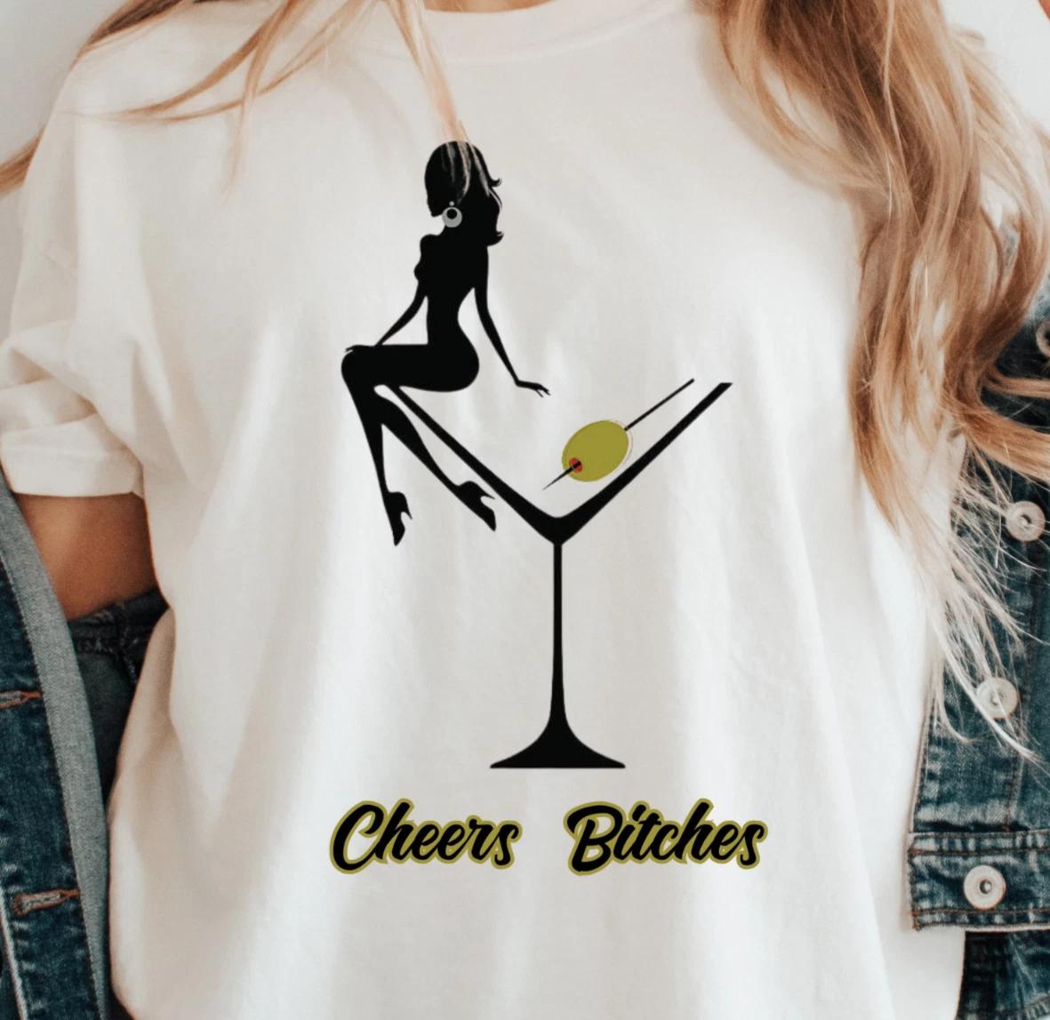 Martini Silhouette Cheers Bitches T-Shirt, Cocktail Graphic Tee, Drinking Shirt M